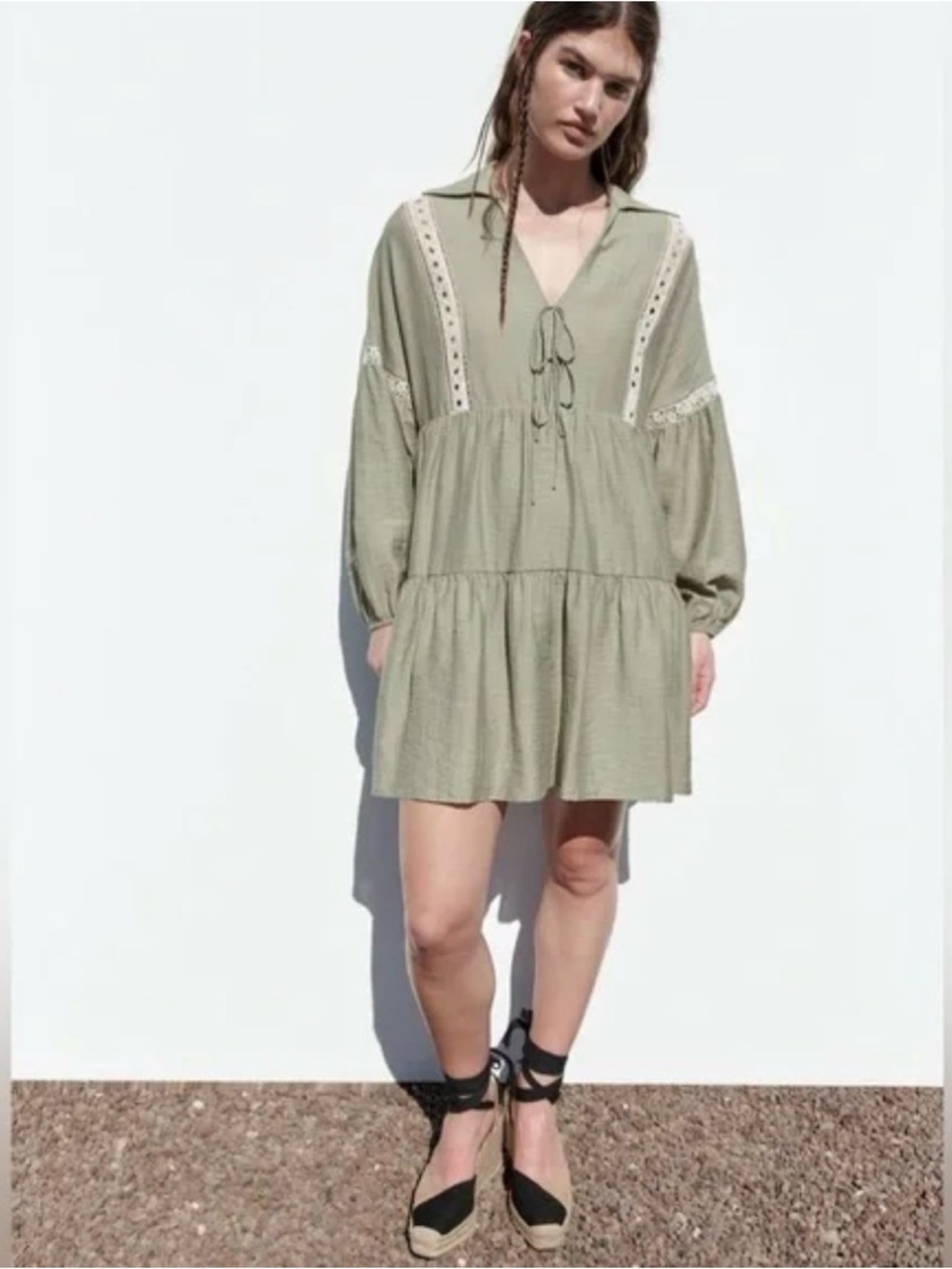 Zara Olive Green Long Sleeve Tiered Mini Dress